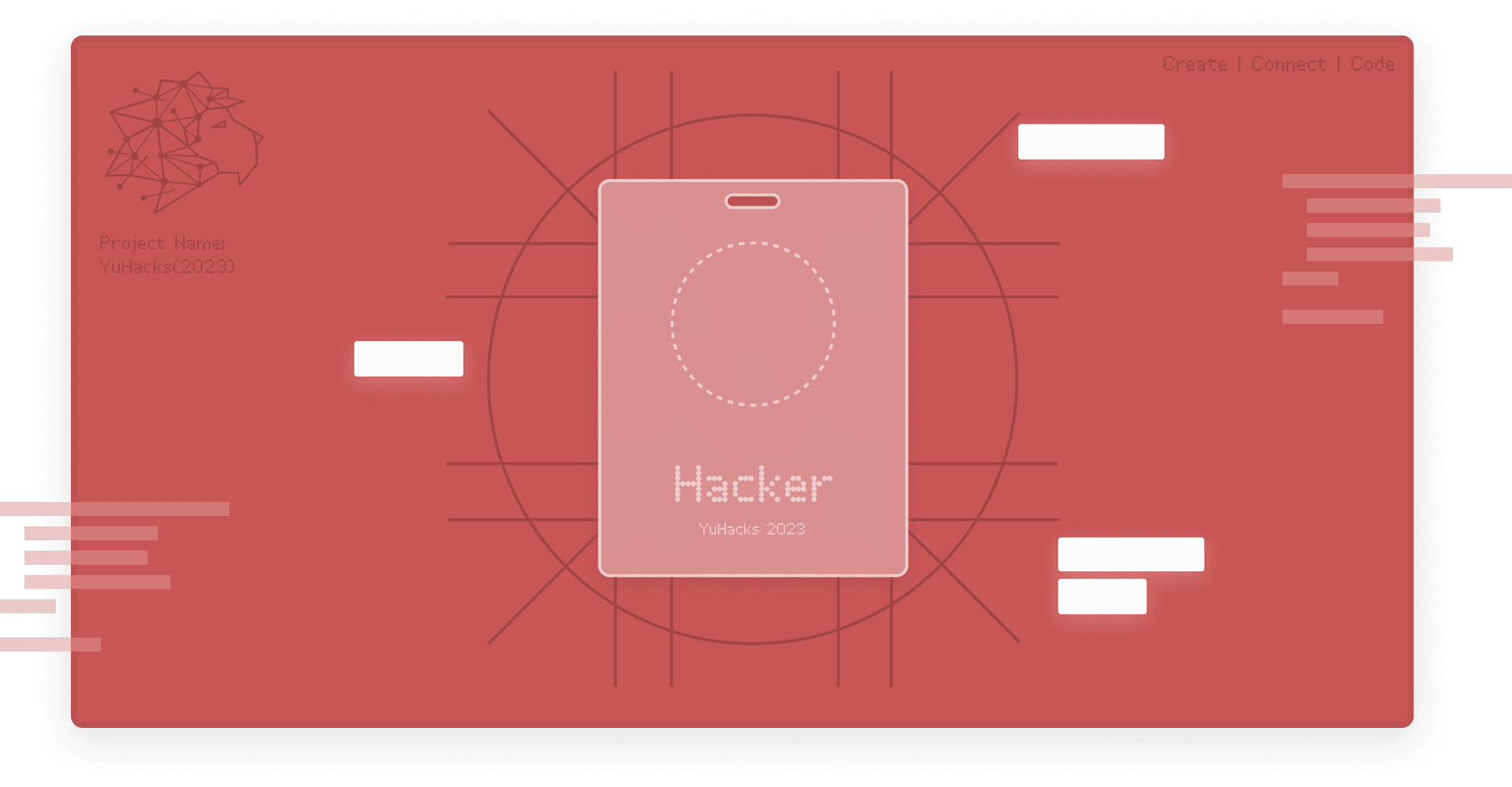 A translucent hacker nametag laying on top of a futuristic red cutting mat, with sci-fi-esque codeblocks and glowing labels surrounding it.